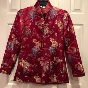 Newport News Vintage Quilted Oriental  Jacket Pockets Size 4 Floral Burgundy